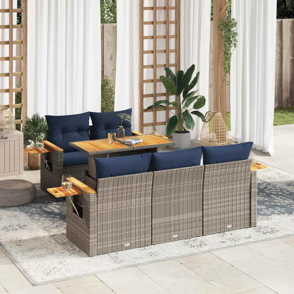 Set de muebles de jardín 6 pzas y cojines ratán sintético gris D