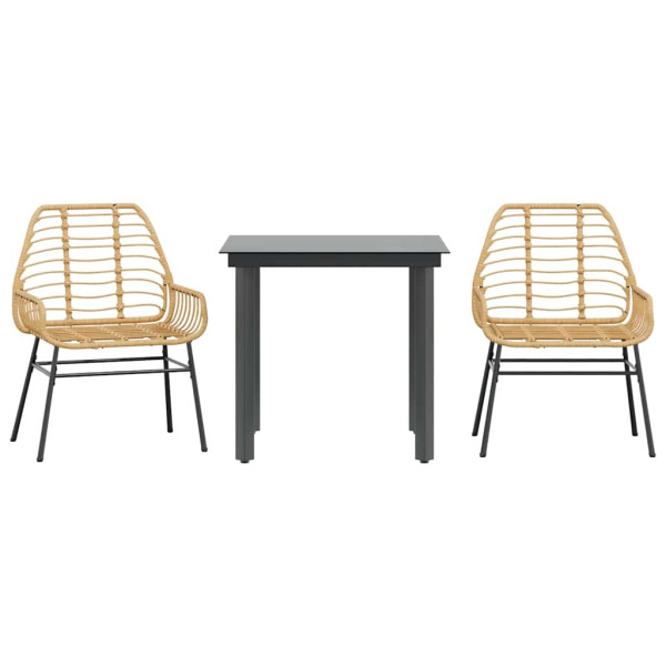 Juego de comedor jardín 3 piezas ratán sintético vidrio marrón M 2