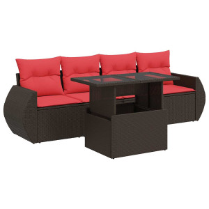 5 pcs conj. sofás jardim c/ almofadões vime PE/acácia castanho H