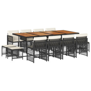 13 pcs conjunto de jantar p/jardim com almofadões vime PE preto H
