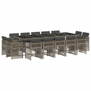 Set comedor de jardín con cojines 15 pzas ratán sintético gris H
