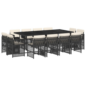 Set comedor de jardín con cojines 13 pzas ratán sintético negro H