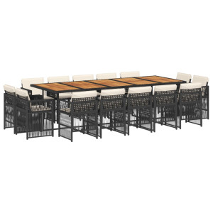 Set comedor de jardín con cojines 15 pzas ratán sintético negro H