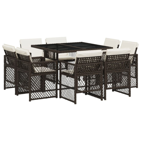 Set comedor para jardín 9 pzas y cojines ratán sintético marrón M 2