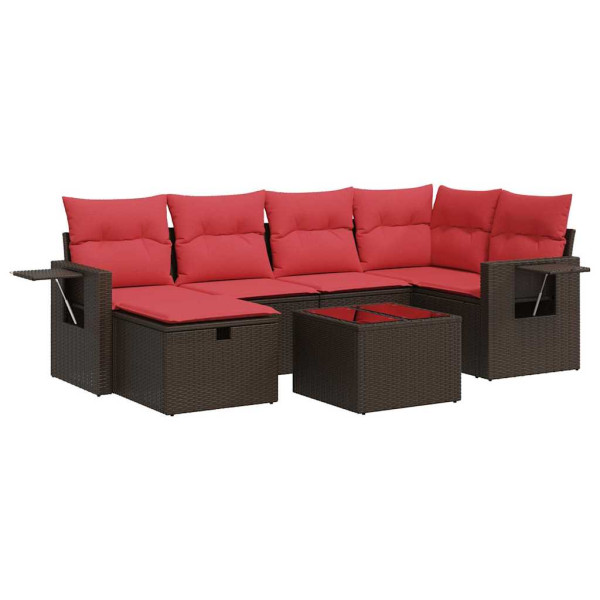 7 pcs conjunto de sofás jardim c/ almofadões vime PE castanho M 2