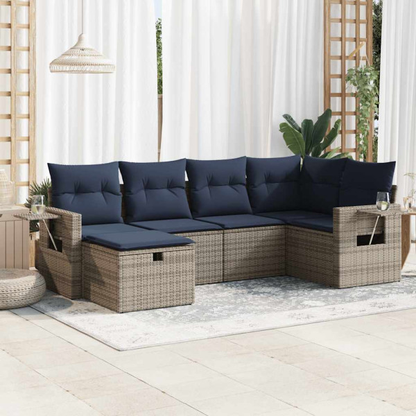 Set de muebles de jardín 6 pzas y cojines ratán sintético gris D