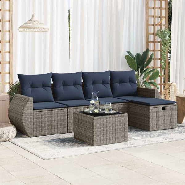Set de muebles de jardín 6 pzas y cojines ratán sintético gris D