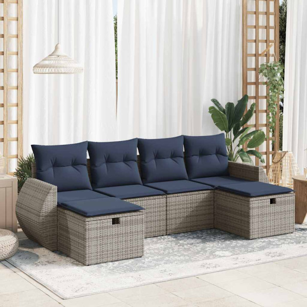 Set de muebles de jardín 6 pzas y cojines ratán sintético gris D