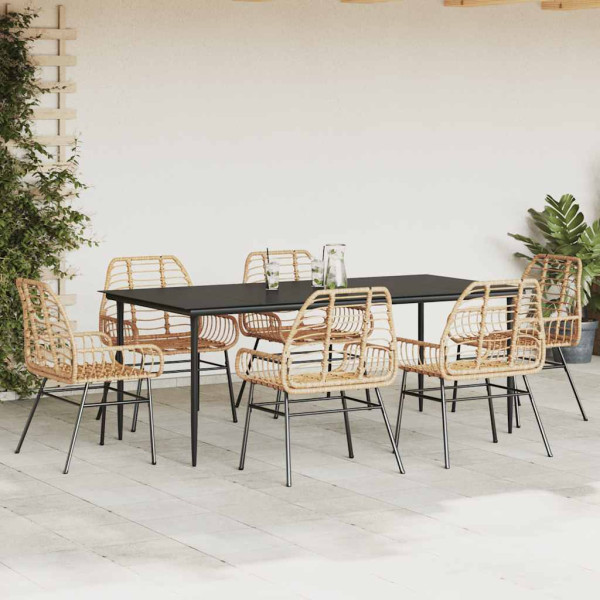 Conjunto jantar jardim 7 peças vidro vime PE castanho M 3