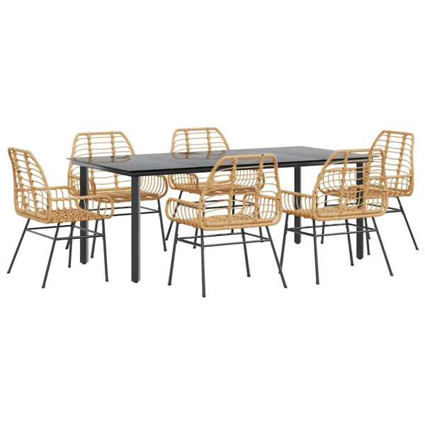 Conjunto jantar jardim 7 peças vidro vime PE castanho M 2