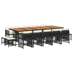 Set comedor de jardín con cojines 15 pzas ratán sintético negro H