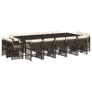 15 pcs conjunto jantar p/ jardim c/ almofadões vime PE castanho H