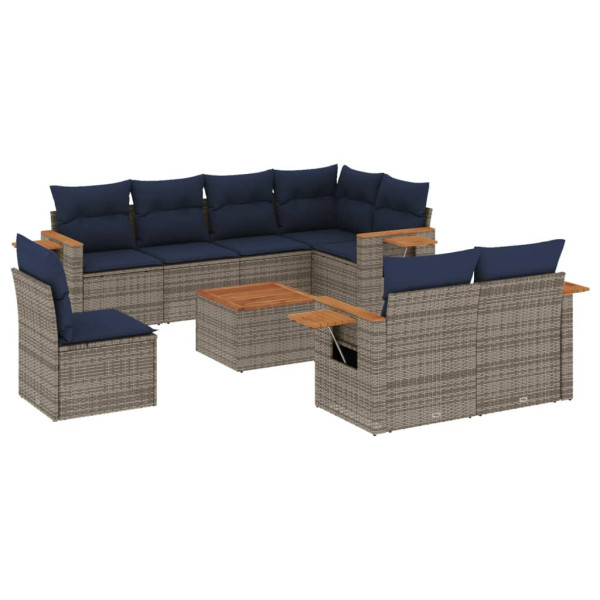 9 pcs conjunto sofás p/ jardim c/ almofadões vime PE cinzento M 2