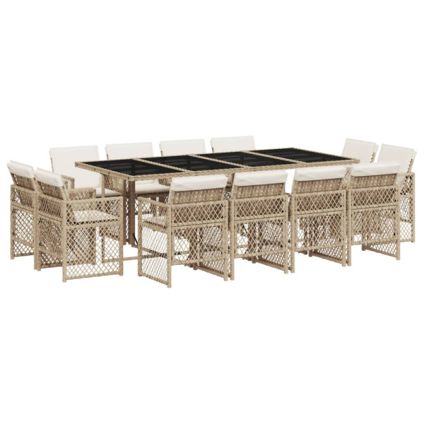 13 pcs conjunto de jantar p/ jardim com almofadões vime PE bege M 2