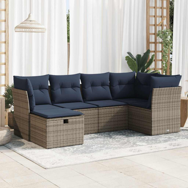 Set de muebles de jardín 6 pzas y cojines ratán sintético gris D