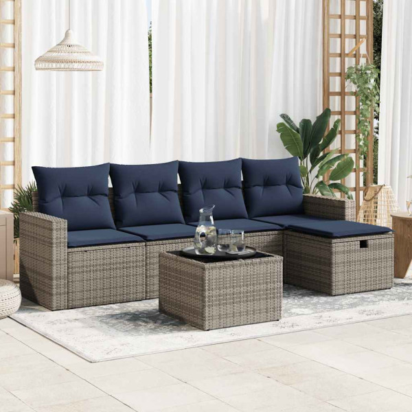 Set de muebles de jardín 6 pzas y cojines ratán sintético gris D
