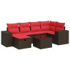 7 pcs conjunto de sofás jardim c/ almofadões vime PE castanho 2