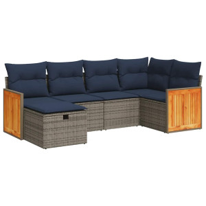 6 pcs conjunto sofás de jardim com almofadões vime cinzento H