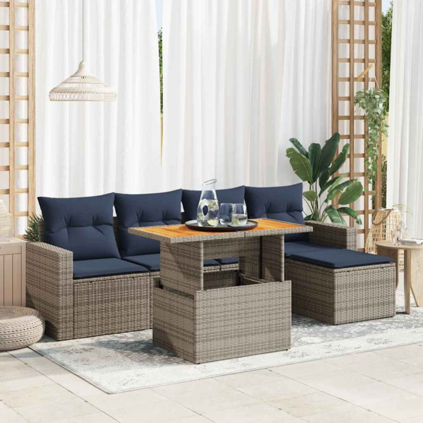 Set de muebles de jardín 6 pzas y cojines ratán sintético gris D