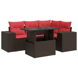 5 pcs conj. sofás jardim c/ almofadões vime PE/acácia castanho H