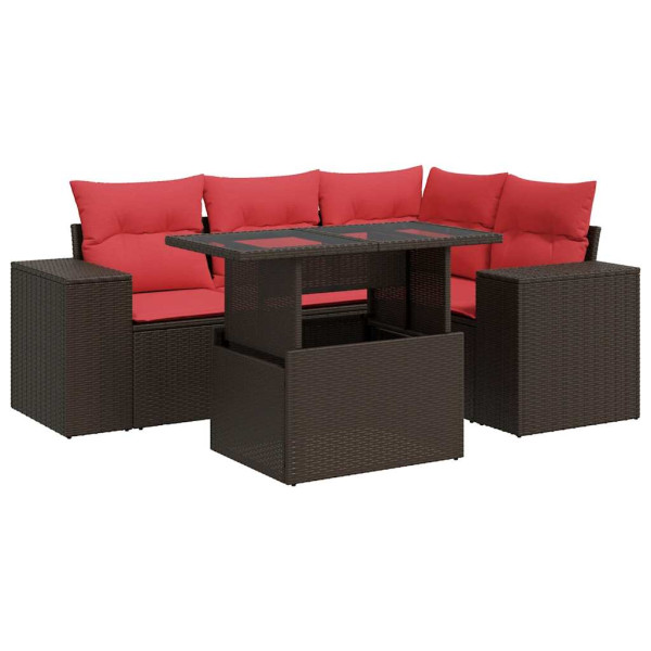 5 pcs conj. sofás jardim c/ almofadões vime PE/acácia castanho M 2