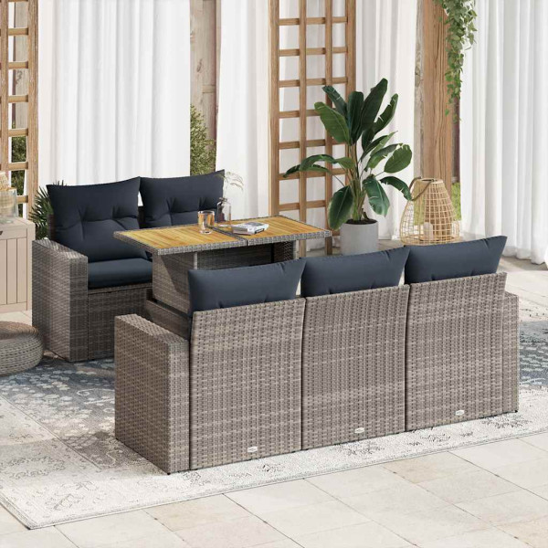 Set de muebles de jardín 6 pzas y cojines ratán sintético gris D