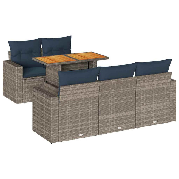 Set de muebles de jardín 6 pzas y cojines ratán sintético gris M 2