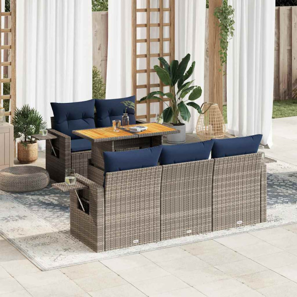 Set de muebles de jardín 6 pzas y cojines ratán sintético gris D