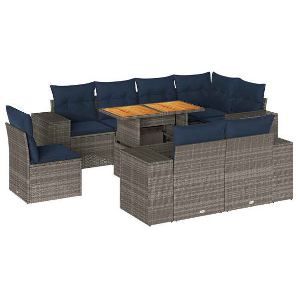 9 pcs conjunto sofás p/ jardim com almofadões vime PE cinzento M 2