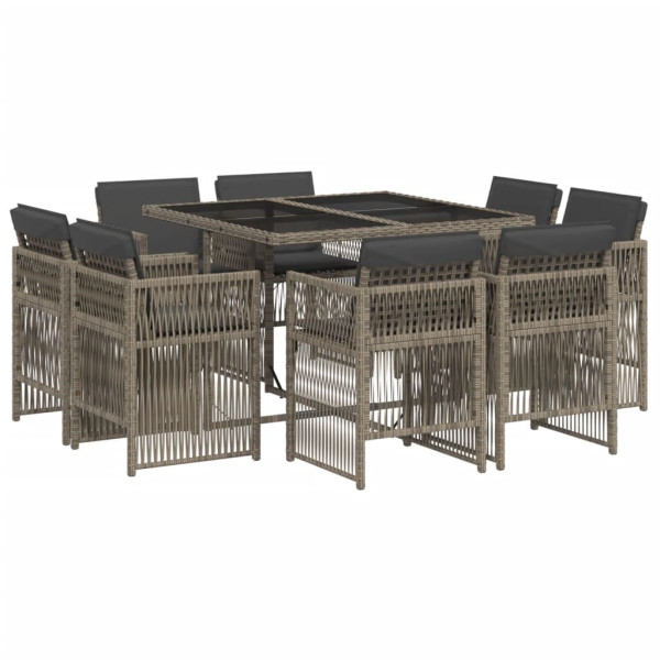 Set comedor jardín 9 pzas y cojines ratán sintético gris M 2