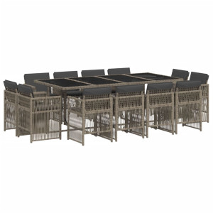 Set comedor de jardín con cojines 13 pzas ratán sintético gris H