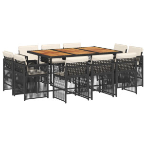 11 pcs conjunto de jantar p/ jardim c/ almofadões vime PE preto H