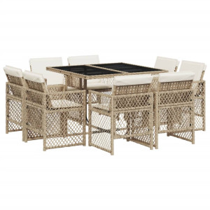 Set comedor de jardín 9 pzas con cojines ratán sintético beige H