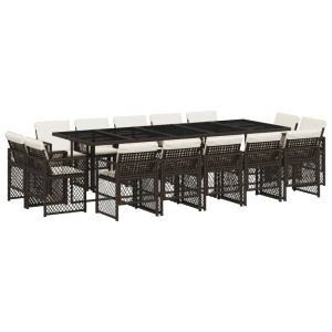 15 pcs conjunto jantar p/ jardim c/ almofadões vime PE castanho H