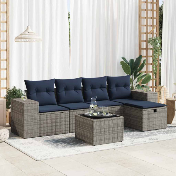 Set de muebles de jardín 6 pzas y cojines ratán sintético gris D