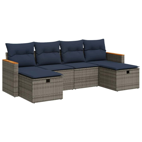 Set de muebles de jardín 6 pzas y cojines ratán sintético gris M 2