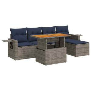 Set de muebles de jardín 6 pzas y cojines ratán sintético gris H