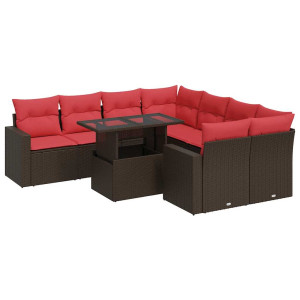 9 pcs conj. sofás jardim c/ almofadões vime PE/acácia castanho H