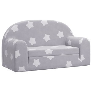 Sofá-cama infantil 2 lugares c/ estrelas pelúcia cinzento-claro H