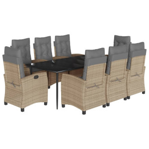 Set comedor de jardín 9 pzas con cojines ratán sintético beige H