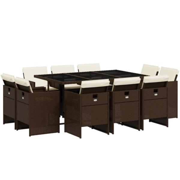 Set comedor de jardín 11 pzas y cojines ratán sintético marrón D