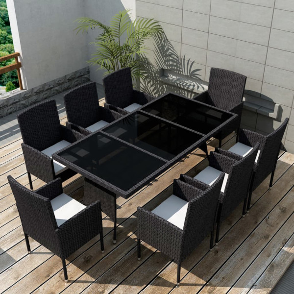 Set comedor de jardín 9 piezas y cojines ratán sintético negro D
