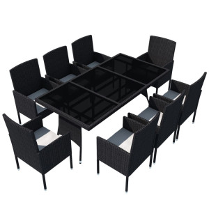 9 pcs conjunto jantar exterior com almofadões vime PE preto H