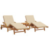 Tumbonas 2 pcs con cojines y mesa Beige Madera maciza de Acacia 2