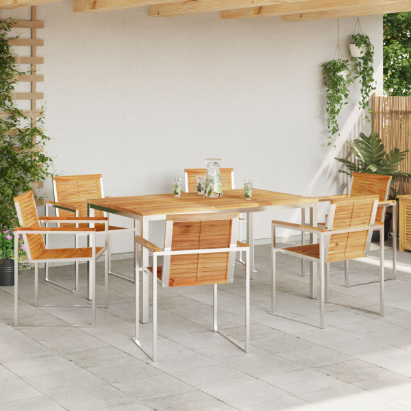 Conjunto de Jantar de Jardim com 7 Peças: Mesa de Madeira Sólida de Teak e Aço Inoxidável. M 4