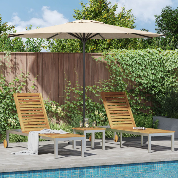 Tumbonas 2 pcs con Mesa de Madera Sólida de Acacia.  Tumbona con Ruedas 207x58x35 cm Madera Sólida de Acacia y Acero Inoxidable D