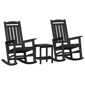 Set de Lounge para Jardín  3 Piezas Negro HDPE. Sillón Mecedora Jardín  Negro 70x92x108 cm HDPE. Mesa Lateral Adirondack  Negra  H
