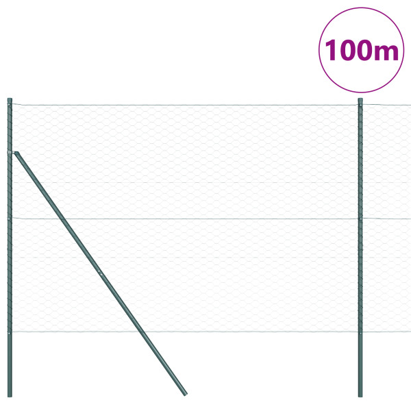 Cerca Hexagonal  Verde 1.6x100 m Acero. Postes para Cerca  13 pcs Verde Ø32 mm 210 cm Acero galvanizado M 4