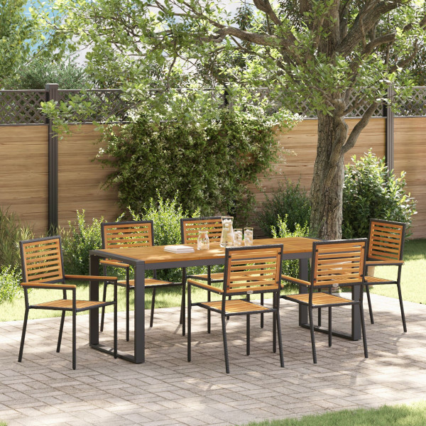 Juego de Comedor de Jardín de 7 Piezas Negro Polirratán Acacia. Sillas Apilables de Jardín  con Cojines 2 pcs Negro Polirratán D