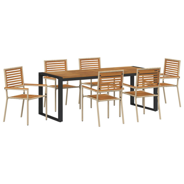 Juego de Comedor de Jardín de 7 Piezas Beige Polyratán Acacia. Sillas Apilables para Jardín con Cojines - Conjunto de 2 en Beige M 2